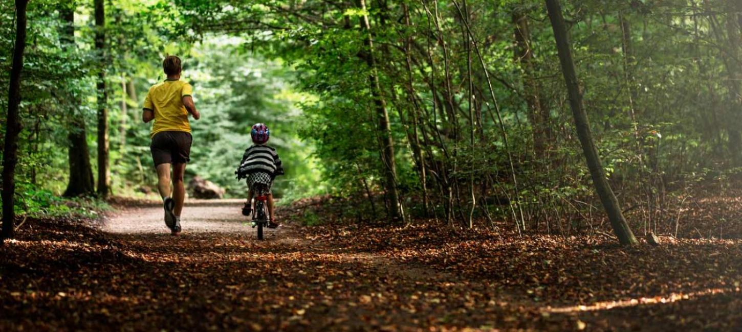 Active dad and child in the forest by Aarhus