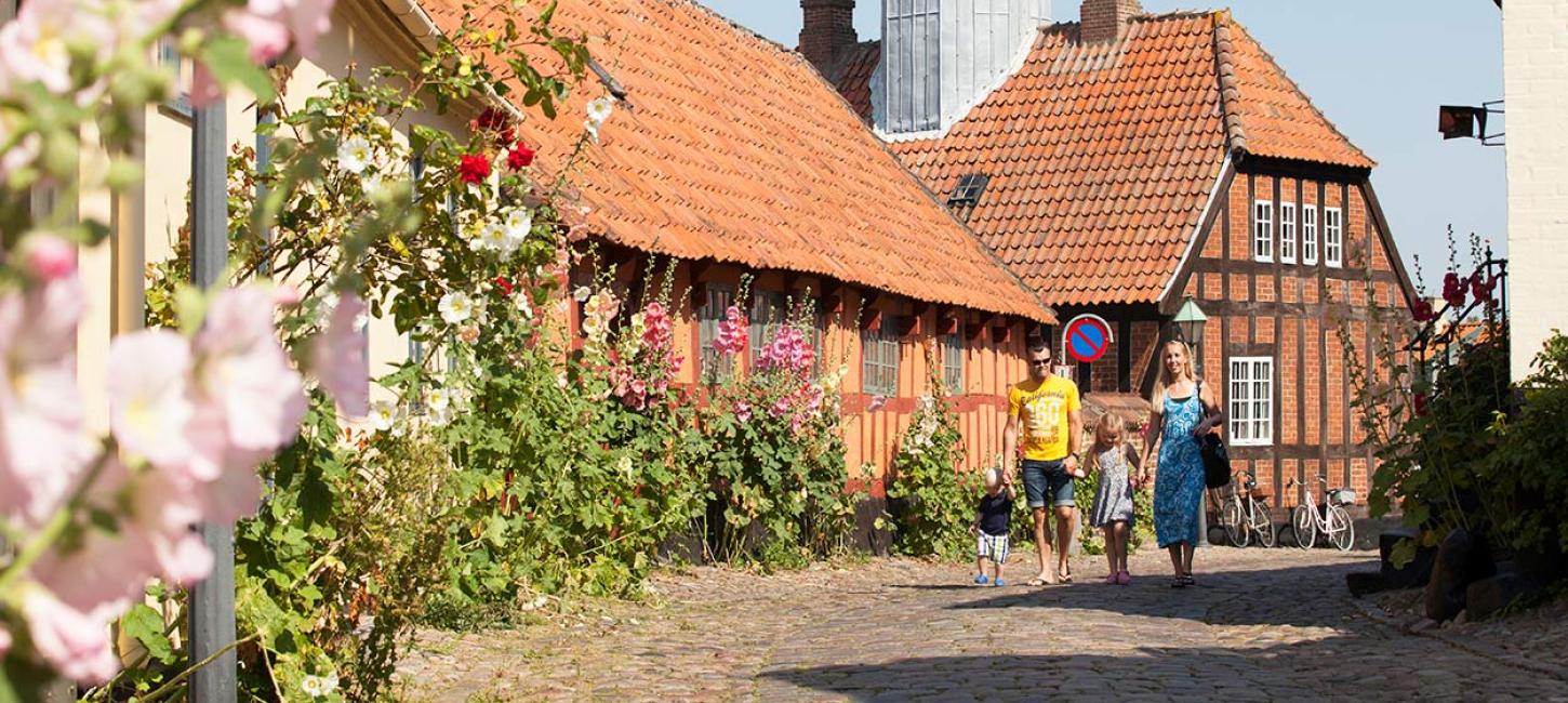 Family in the charming streets of Ebeltoft on Djursland